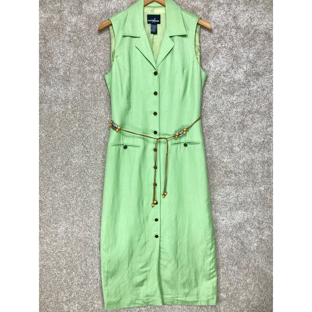 Positive Attitude Linen Blend Button Front Midi Dress Women 10 Green Safari Boho
